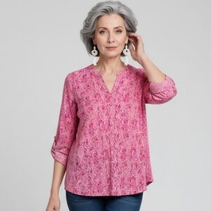 Dear Scarlett Lizzy Top Women's V Neck Wrinkle Free Tunic Size XL Pink Paisley